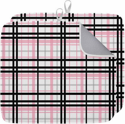 Dish Drying Mat Pink Buffalo Plaid Kitchen Counter Drying Pad for Dishes Glasses Cups and Cookware Black Check Stripe Absorbent Dish Drying Mat Machine Washable Kitchen Accessories 2 Pack 16" x 18"