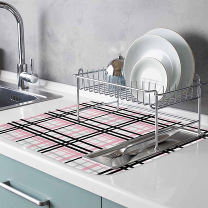 Dish Drying Mat Pink Buffalo Plaid Kitchen Counter Drying Pad for Dishes Glasses Cups and Cookware Black Check Stripe Absorbent Dish Drying Mat Machine Washable Kitchen Accessories 2 Pack 16" x 18"