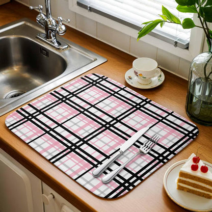 Dish Drying Mat Pink Buffalo Plaid Kitchen Counter Drying Pad for Dishes Glasses Cups and Cookware Black Check Stripe Absorbent Dish Drying Mat Machine Washable Kitchen Accessories 2 Pack 16" x 18"