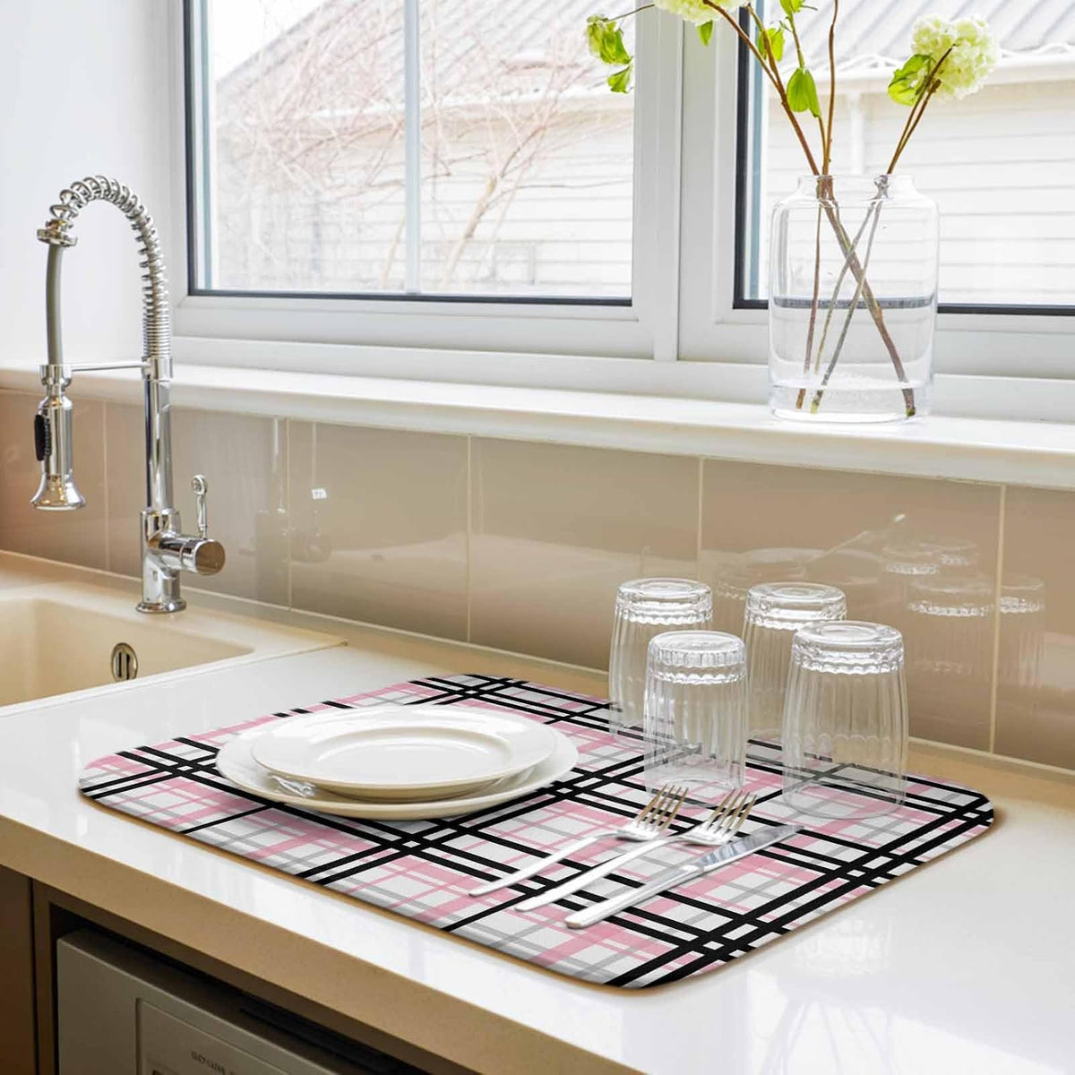 Dish Drying Mat Pink Buffalo Plaid Kitchen Counter Drying Pad for Dishes Glasses Cups and Cookware Black Check Stripe Absorbent Dish Drying Mat Machine Washable Kitchen Accessories 2 Pack 16" x 18"