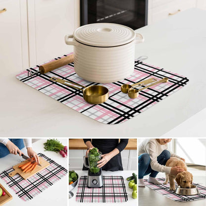 Dish Drying Mat Pink Buffalo Plaid Kitchen Counter Drying Pad for Dishes Glasses Cups and Cookware Black Check Stripe Absorbent Dish Drying Mat Machine Washable Kitchen Accessories 2 Pack 16" x 18"