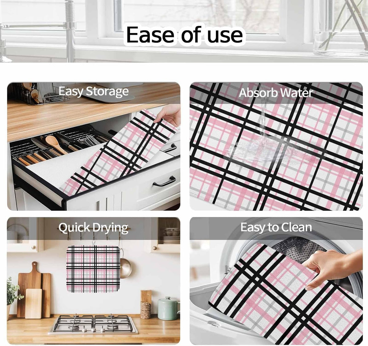 Dish Drying Mat Pink Buffalo Plaid Kitchen Counter Drying Pad for Dishes Glasses Cups and Cookware Black Check Stripe Absorbent Dish Drying Mat Machine Washable Kitchen Accessories 2 Pack 16" x 18"