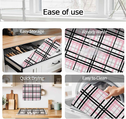 Dish Drying Mat Pink Buffalo Plaid Kitchen Counter Drying Pad for Dishes Glasses Cups and Cookware Black Check Stripe Absorbent Dish Drying Mat Machine Washable Kitchen Accessories 2 Pack 16" x 18"