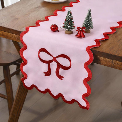 15" x 69" Pink Bow Table Runner for Wedding Christmas Birthday Party Decorations Cute Embroidered Ruffle Red Pink Bows Table Runner for Baby Shower Valentines Day Home Kitchen Dining Room Decor