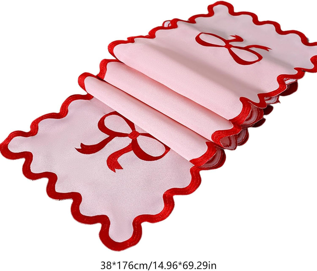 15" x 69" Pink Bow Table Runner for Wedding Christmas Birthday Party Decorations Cute Embroidered Ruffle Red Pink Bows Table Runner for Baby Shower Valentines Day Home Kitchen Dining Room Decor