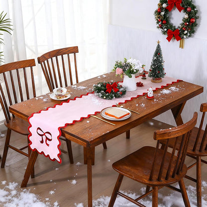 15" x 69" Pink Bow Table Runner for Wedding Christmas Birthday Party Decorations Cute Embroidered Ruffle Red Pink Bows Table Runner for Baby Shower Valentines Day Home Kitchen Dining Room Decor