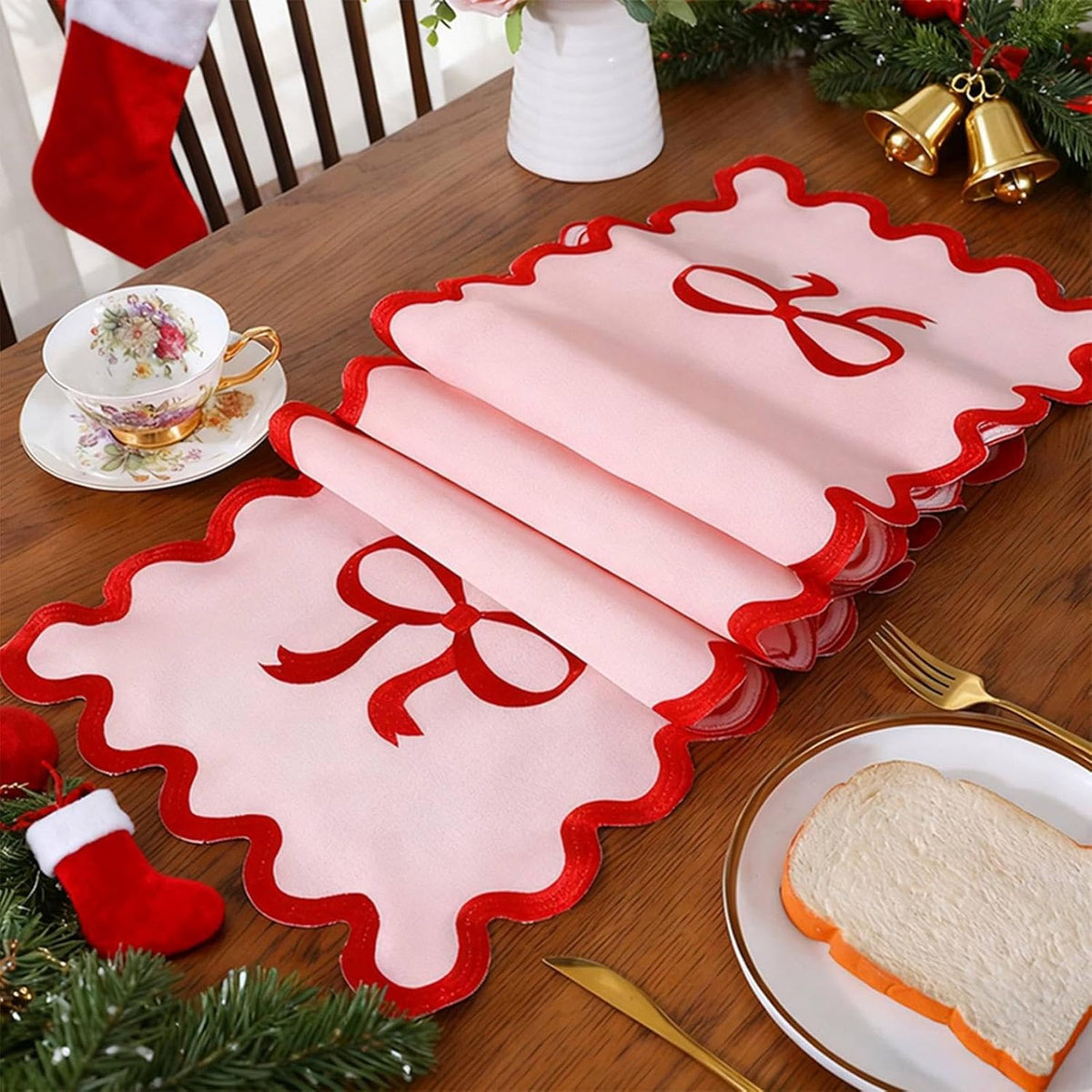 15" x 69" Pink Bow Table Runner for Wedding Christmas Birthday Party Decorations Cute Embroidered Ruffle Red Pink Bows Table Runner for Baby Shower Valentines Day Home Kitchen Dining Room Decor