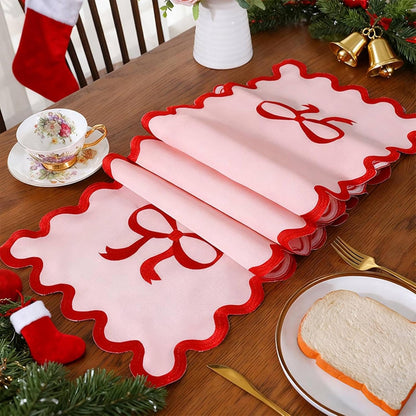 15" x 69" Pink Bow Table Runner for Wedding Christmas Birthday Party Decorations Cute Embroidered Ruffle Red Pink Bows Table Runner for Baby Shower Valentines Day Home Kitchen Dining Room Decor