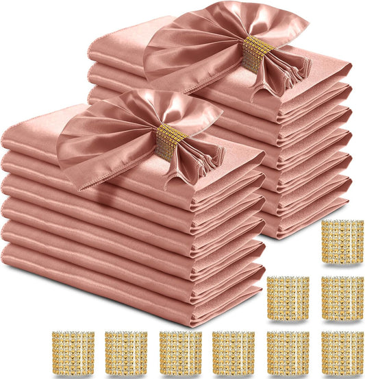 100 Pcs Rose Gold Satin Napkins and Napkin Rings Set, 17 x 17 Inch Square Cloth Napkins Set of 50, Silky Soft Table Napkins Bulk for Weddings, Banquet, Parties Dinner Decoration