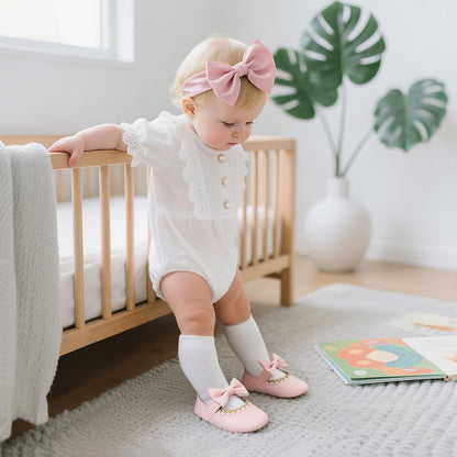 Newborn Baby Girls Dress Shoes Infant Bowknot Soft Sole Mary Jane Moccasins Baptism Christening Crib Shoes Wedding Princess Flats