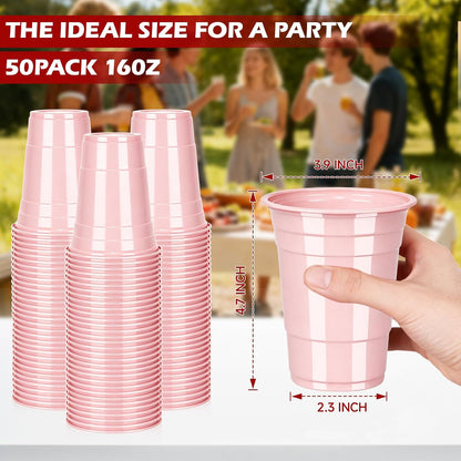 50 Pack 16oz Light Pink Plastic Cups, Party Cups for Weddings, Easter, Spring Celebrations, Mother's Day & Party Supplies