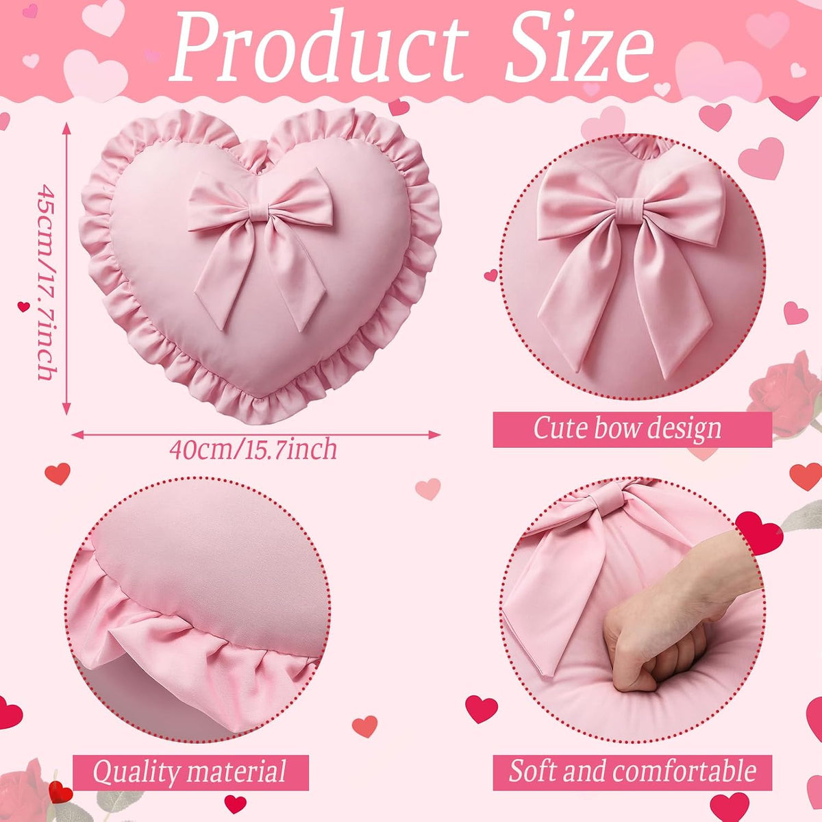 Pink Heart Pillows with Bow 18 x 16 Inch Cute Coquette Ruffle Heart Throw Pillow Decorative Cushion for Wedding Party Room Bed Sofa Couch Decor