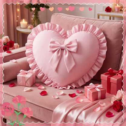 Pink Heart Pillows with Bow 18 x 16 Inch Cute Coquette Ruffle Heart Throw Pillow Decorative Cushion for Wedding Party Room Bed Sofa Couch Decor