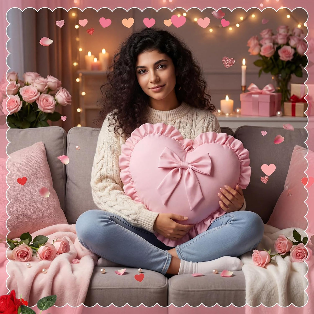 Pink Heart Pillows with Bow 18 x 16 Inch Cute Coquette Ruffle Heart Throw Pillow Decorative Cushion for Wedding Party Room Bed Sofa Couch Decor