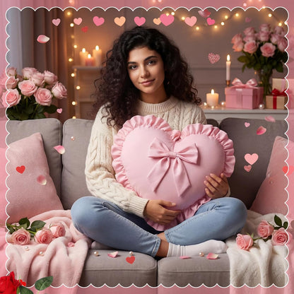 Pink Heart Pillows with Bow 18 x 16 Inch Cute Coquette Ruffle Heart Throw Pillow Decorative Cushion for Wedding Party Room Bed Sofa Couch Decor