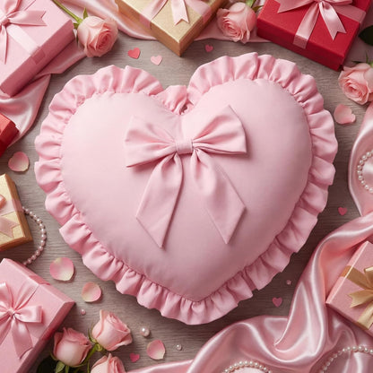 Pink Heart Pillows with Bow 18 x 16 Inch Cute Coquette Ruffle Heart Throw Pillow Decorative Cushion for Wedding Party Room Bed Sofa Couch Decor
