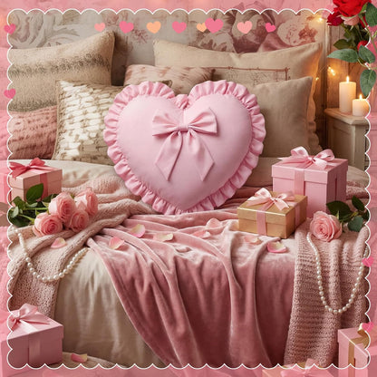Pink Heart Pillows with Bow 18 x 16 Inch Cute Coquette Ruffle Heart Throw Pillow Decorative Cushion for Wedding Party Room Bed Sofa Couch Decor