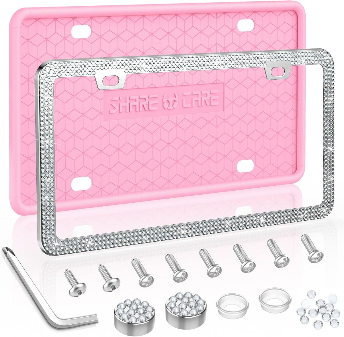 2 Pack License Plate Frame Include 1 Silicone License Plate Frame and 1 Crystal License Plate Cover with Rhinestone Crystal Diamond Screw Set Car Bling License Plate Frames (Pink + White)
