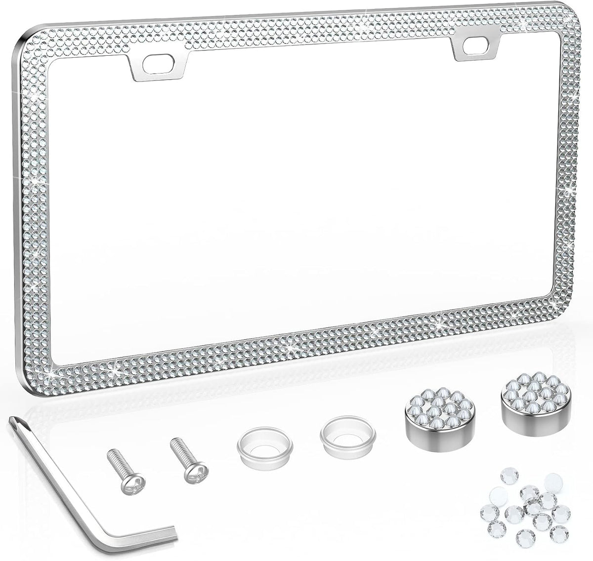 2 Pack License Plate Frame Include 1 Silicone License Plate Frame and 1 Crystal License Plate Cover with Rhinestone Crystal Diamond Screw Set Car Bling License Plate Frames (Pink + White)
