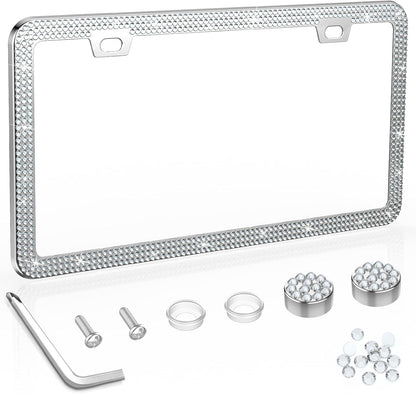 2 Pack License Plate Frame Include 1 Silicone License Plate Frame and 1 Crystal License Plate Cover with Rhinestone Crystal Diamond Screw Set Car Bling License Plate Frames (Pink + White)