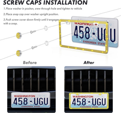 2 Pack License Plate Frame Include 1 Silicone License Plate Frame and 1 Crystal License Plate Cover with Rhinestone Crystal Diamond Screw Set Car Bling License Plate Frames (Pink + White)