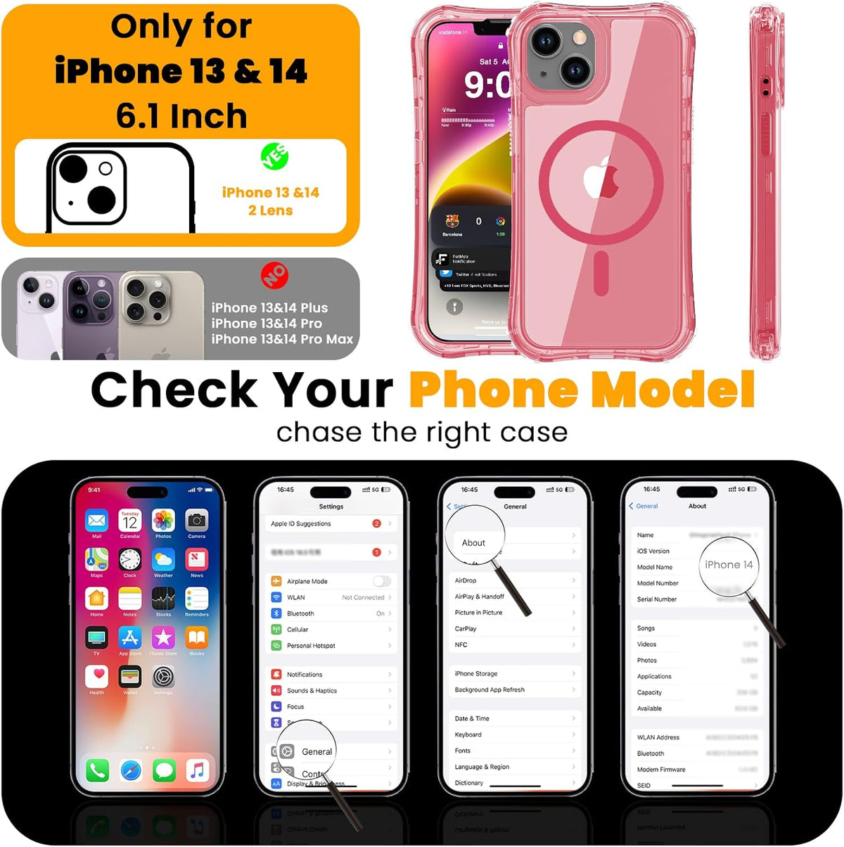 Magnetic Clear for iPhone 13 Case,iPhone 14 Case,[Compatible with MagSafe][Military Grade Drop Protection] Transparent Full Body Shockproof Protective Phone Case-Peach Pink