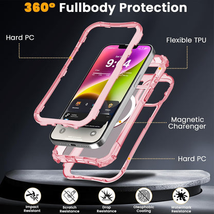Magnetic Clear for iPhone 13 Case,iPhone 14 Case,[Compatible with MagSafe][Military Grade Drop Protection] Transparent Full Body Shockproof Protective Phone Case-Peach Pink