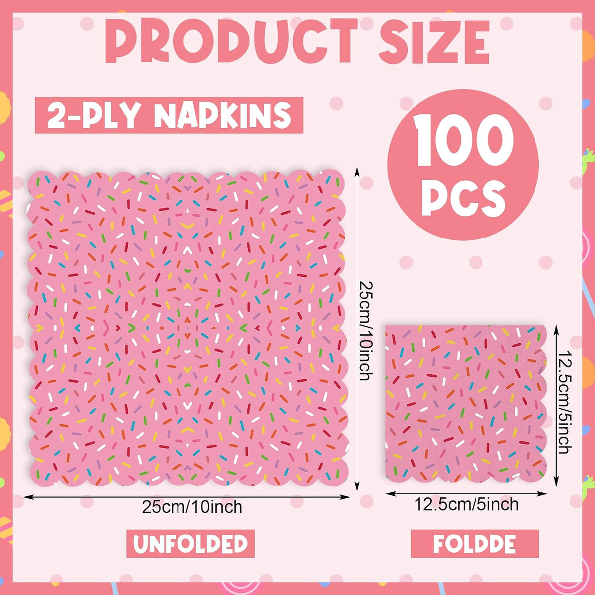 100 Pcs Ice Cream Sprinkle Napkins Scalloped 2 Ply Disposable, Pink