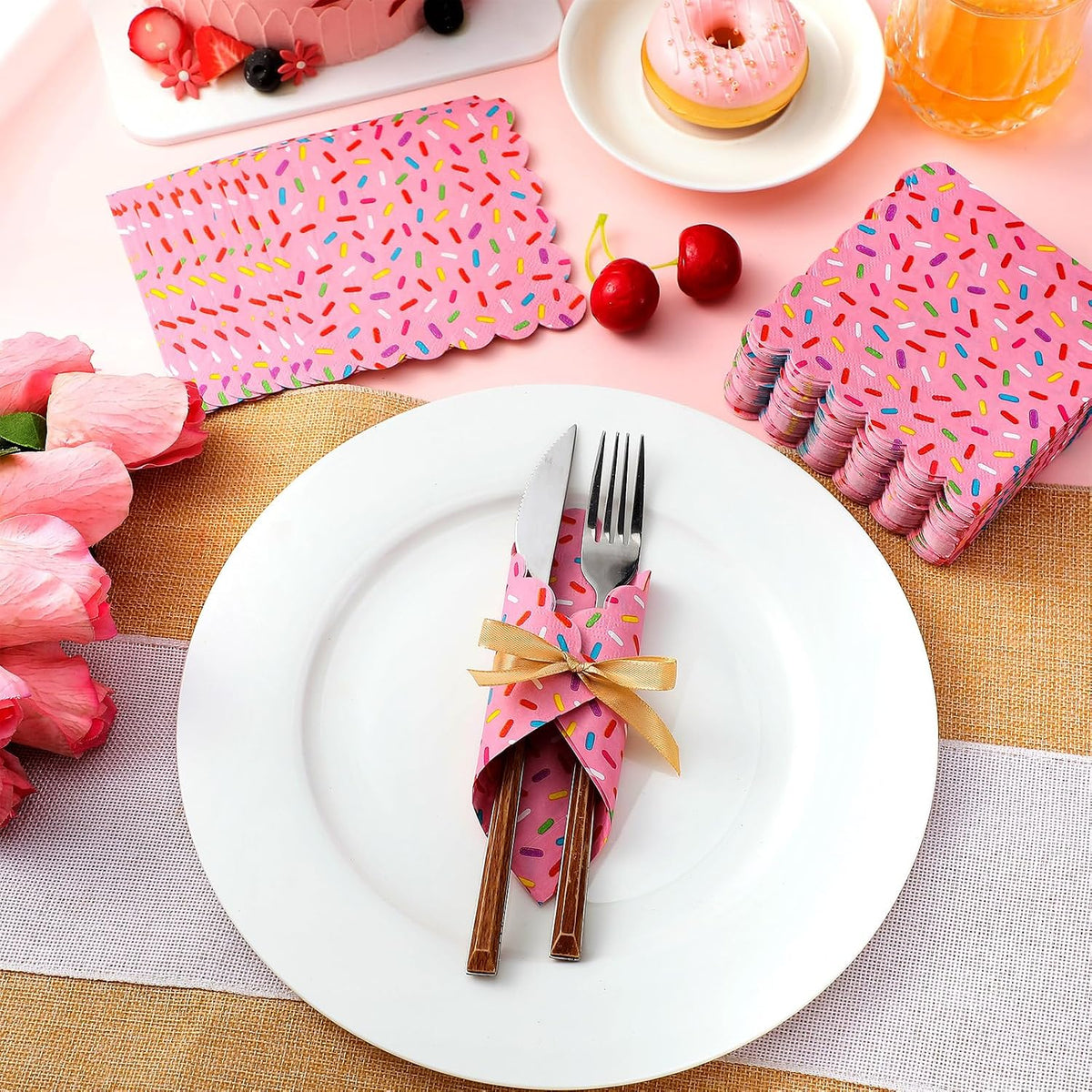 100 Pcs Ice Cream Sprinkle Napkins Scalloped 2 Ply Disposable, Pink