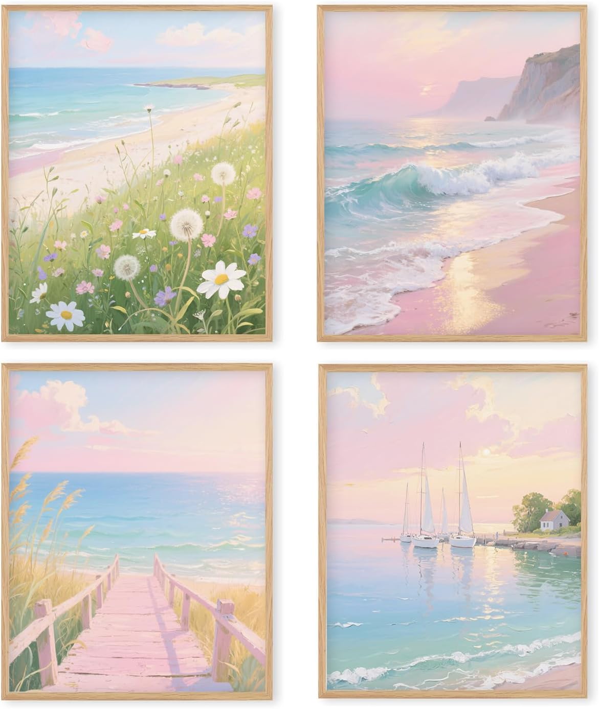 Pastel Fantasy Pink Coastal Wall Art Prints Set of 4, Summer Sunset Beach Landscape Sailboat Wildflower Posters Pictures Wall Decor for Beach House Home Office, 8x10 Unframed
