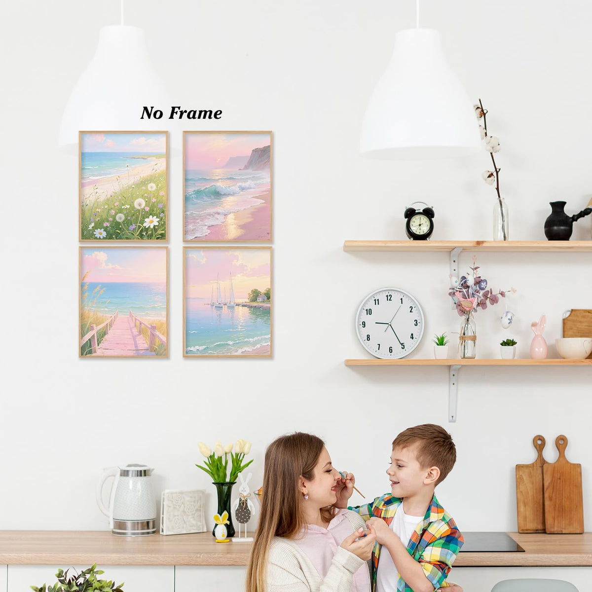 Pastel Fantasy Pink Coastal Wall Art Prints Set of 4, Summer Sunset Beach Landscape Sailboat Wildflower Posters Pictures Wall Decor for Beach House Home Office, 8x10 Unframed