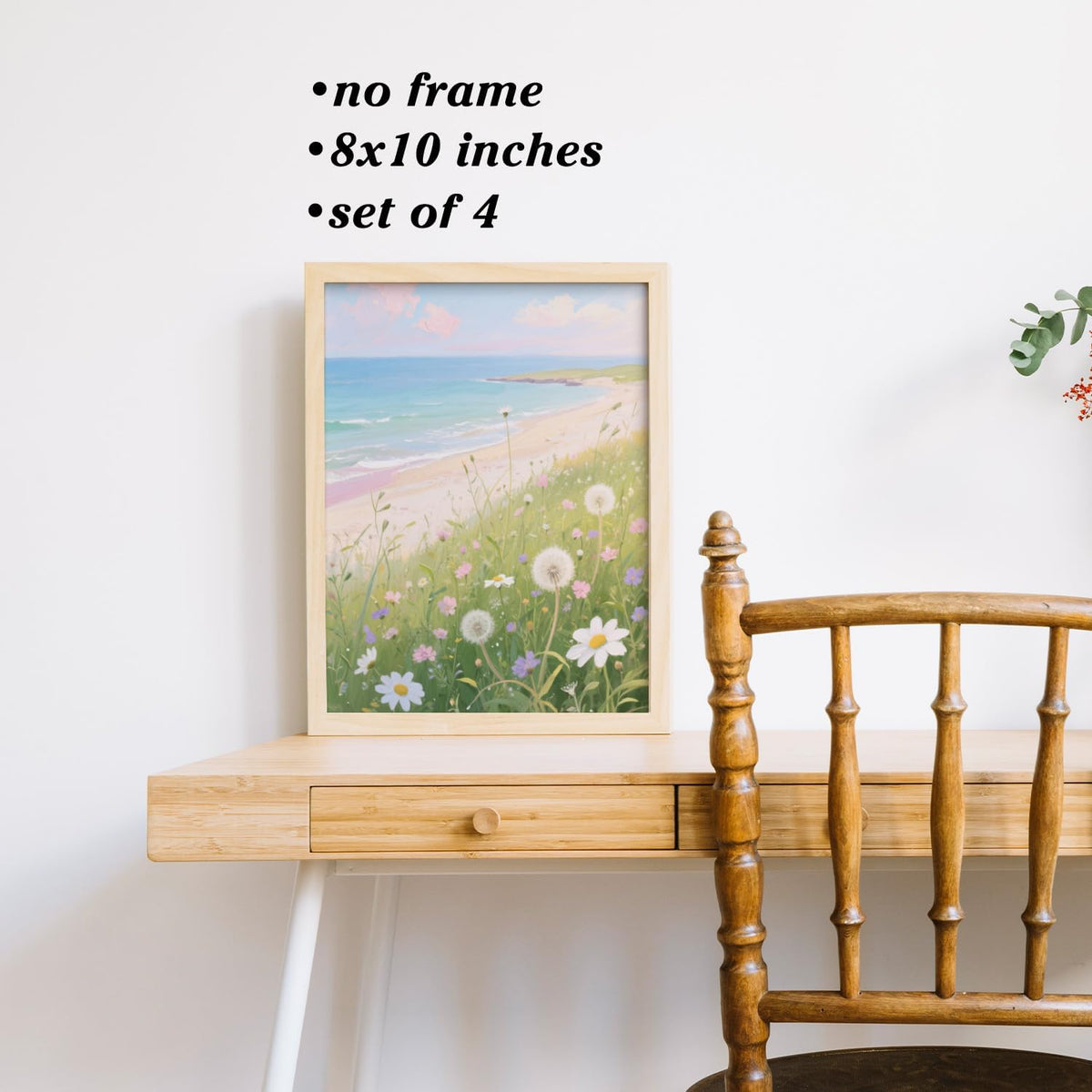 Pastel Fantasy Pink Coastal Wall Art Prints Set of 4, Summer Sunset Beach Landscape Sailboat Wildflower Posters Pictures Wall Decor for Beach House Home Office, 8x10 Unframed