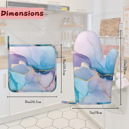 Golden Marble Pink Purple Blue Heat-Resistant Silicone Oven Mitts and Pot Holders,Long Oven Gloves with Non-Slip Grip for Cooking, Baking, Grilling,BBQ