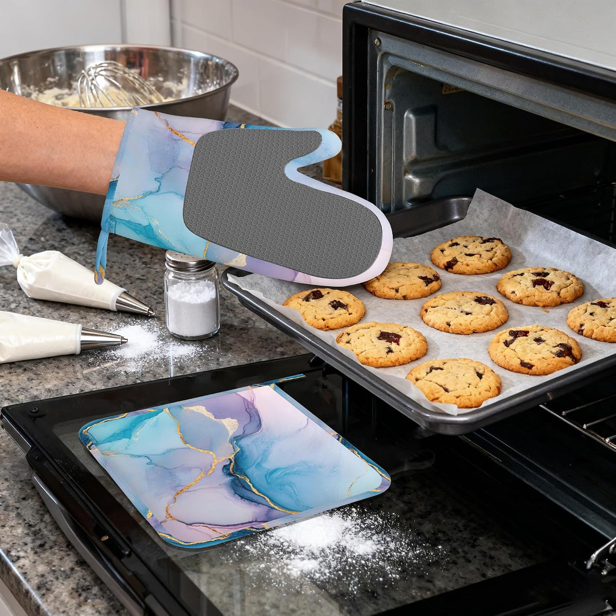 Golden Marble Pink Purple Blue Heat-Resistant Silicone Oven Mitts and Pot Holders,Long Oven Gloves with Non-Slip Grip for Cooking, Baking, Grilling,BBQ