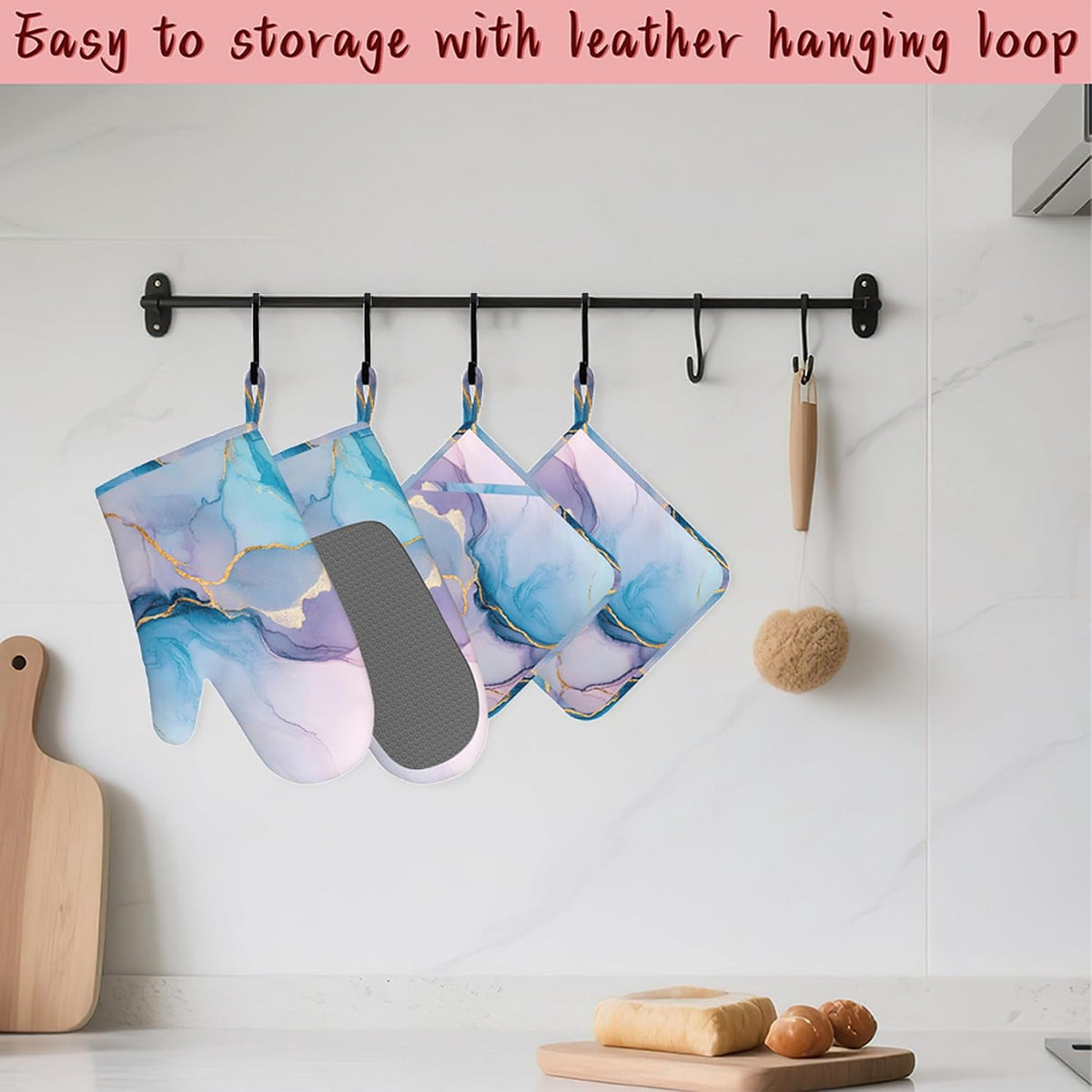 Golden Marble Pink Purple Blue Heat-Resistant Silicone Oven Mitts and Pot Holders,Long Oven Gloves with Non-Slip Grip for Cooking, Baking, Grilling,BBQ