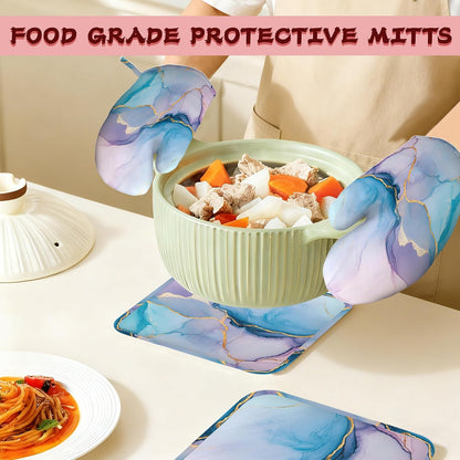 Golden Marble Pink Purple Blue Heat-Resistant Silicone Oven Mitts and Pot Holders,Long Oven Gloves with Non-Slip Grip for Cooking, Baking, Grilling,BBQ