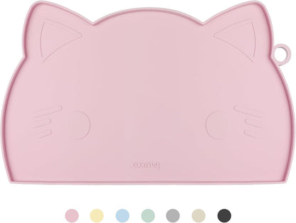 Coomazy Cat Food & Water Mat, Thicker Non-Slip Silicone Mat with Raised Edge (Pink, Medium)