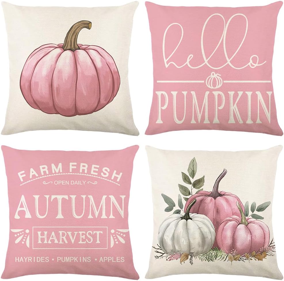 Pink Pumpkin Pillow Covers 20x20 Inch Set of 4 Hello Pumpkin Indoor Outdoor Decorative Throw Pillow Cover Farmhouse Autumn Pillow Case Thanksgiving Harvest Bedroom Sofa Cushion Couch Decor