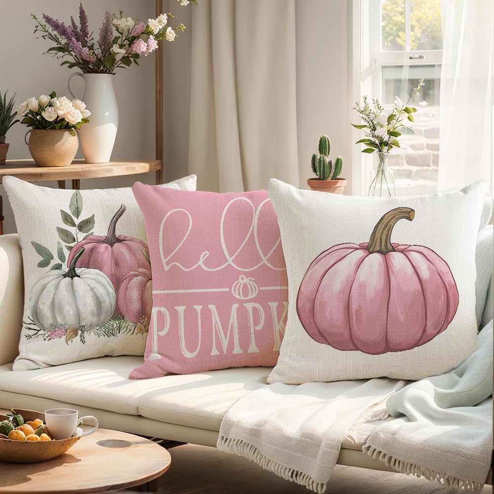 Pink Pumpkin Pillow Covers 20x20 Inch Set of 4 Hello Pumpkin Indoor Outdoor Decorative Throw Pillow Cover Farmhouse Autumn Pillow Case Thanksgiving Harvest Bedroom Sofa Cushion Couch Decor