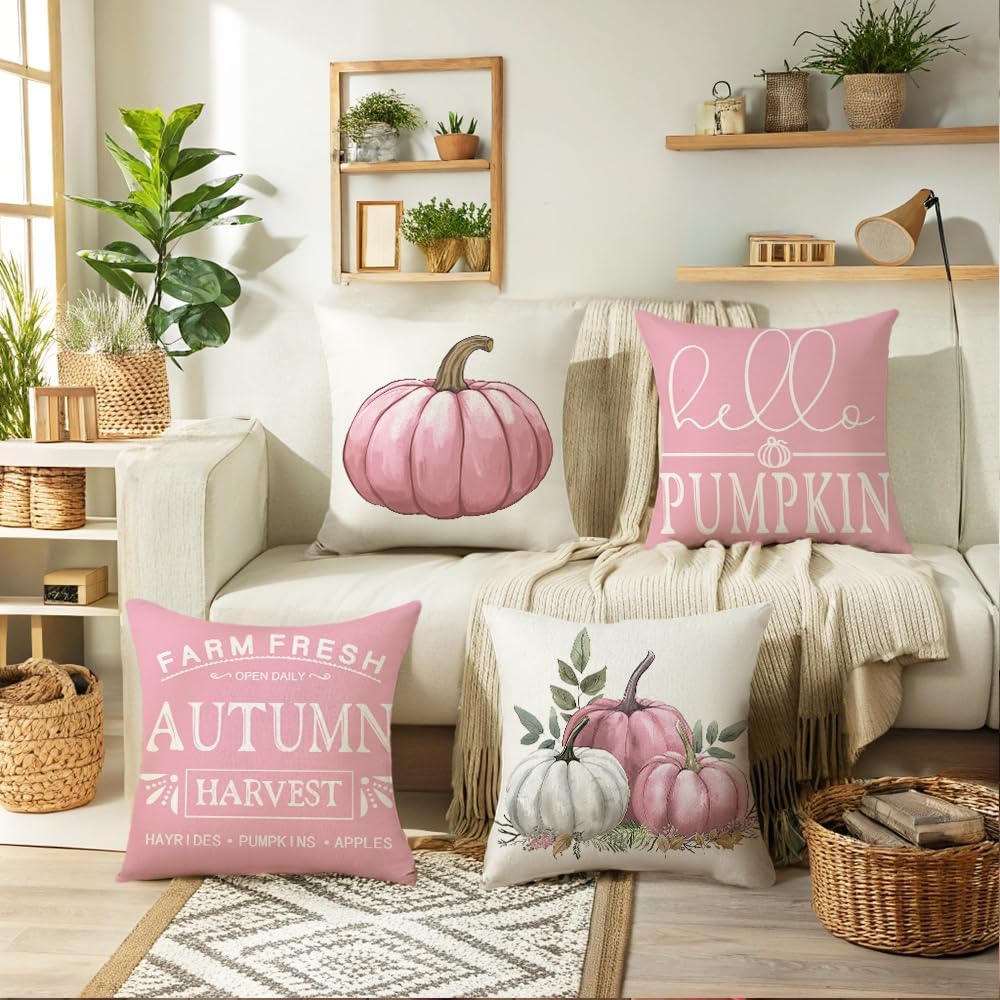 Pink Pumpkin Pillow Covers 20x20 Inch Set of 4 Hello Pumpkin Indoor Outdoor Decorative Throw Pillow Cover Farmhouse Autumn Pillow Case Thanksgiving Harvest Bedroom Sofa Cushion Couch Decor