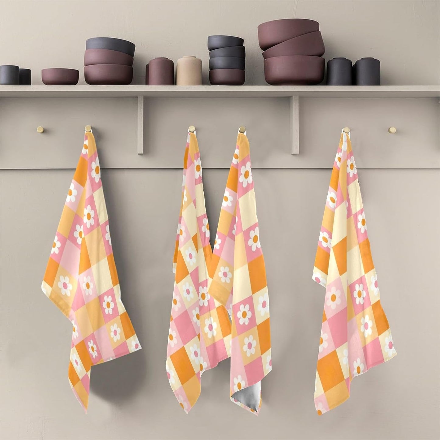 Checkered Grid Pastel Pink Tea Towles, 28x18 Inch Bulk Kitchen Towels Spring, Set of 4