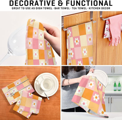 Checkered Grid Pastel Pink Tea Towles, 28x18 Inch Bulk Kitchen Towels Spring, Set of 4