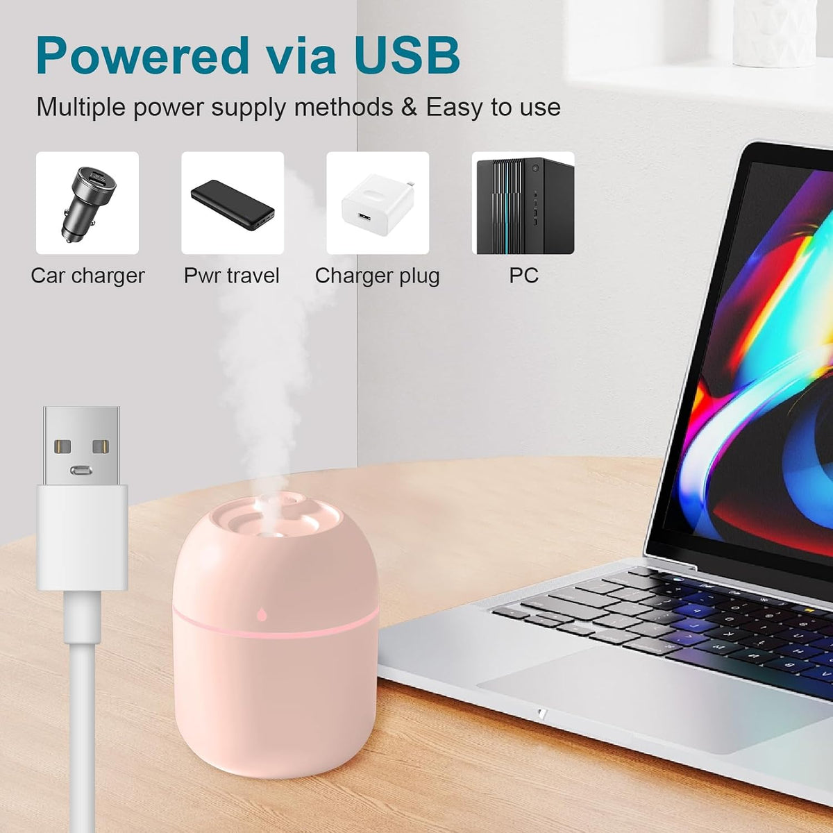 Portable Small Humidifier, USB Personal Desktop Humidifier for Car, Office Room, Bedroom, Auto Shut-Off, 2 Mist Modes, Super Quiet, 220ml, Pink