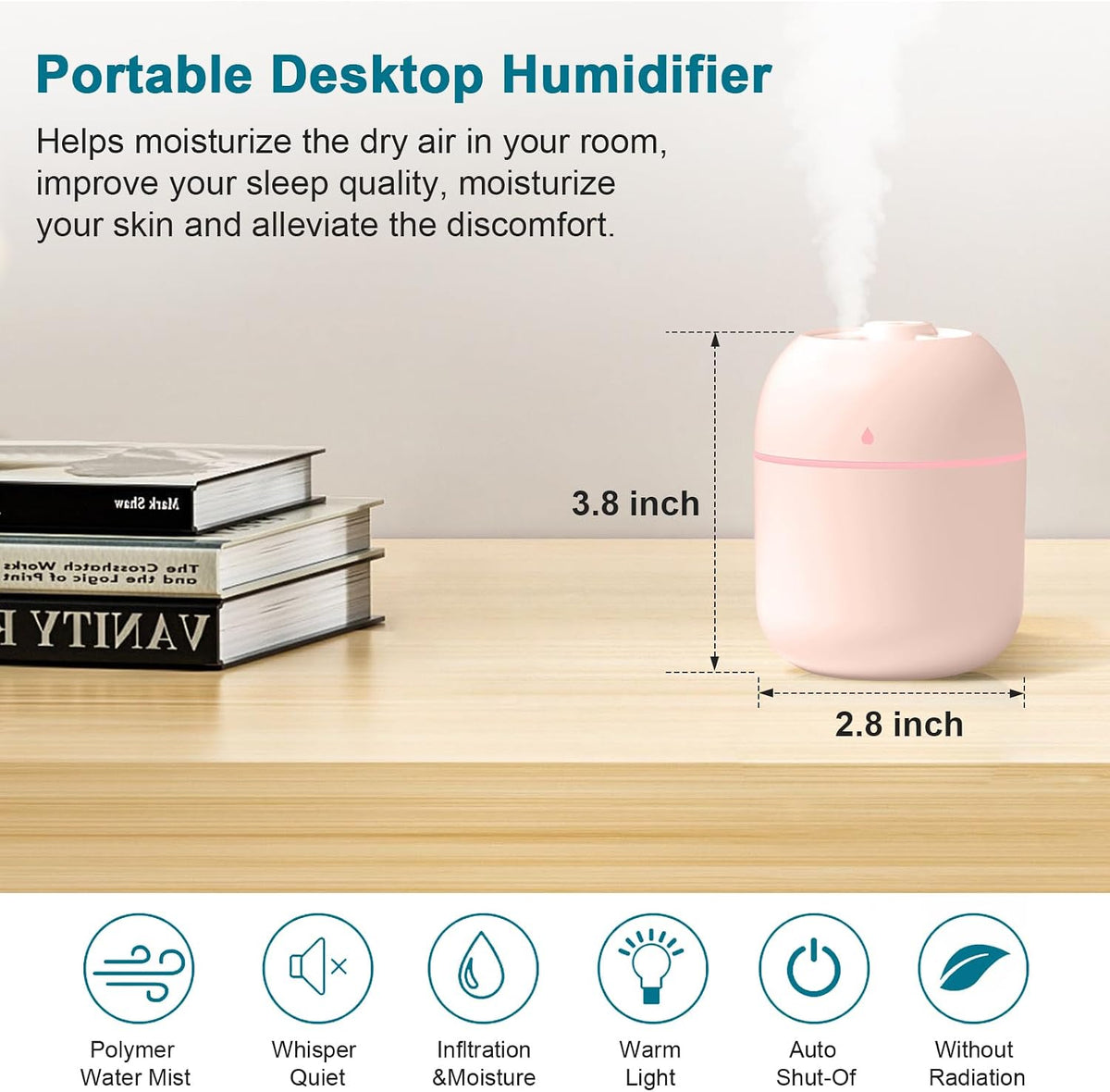 Portable Small Humidifier, USB Personal Desktop Humidifier for Car, Office Room, Bedroom, Auto Shut-Off, 2 Mist Modes, Super Quiet, 220ml, Pink