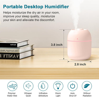 Portable Small Humidifier, USB Personal Desktop Humidifier for Car, Office Room, Bedroom, Auto Shut-Off, 2 Mist Modes, Super Quiet, 220ml, Pink