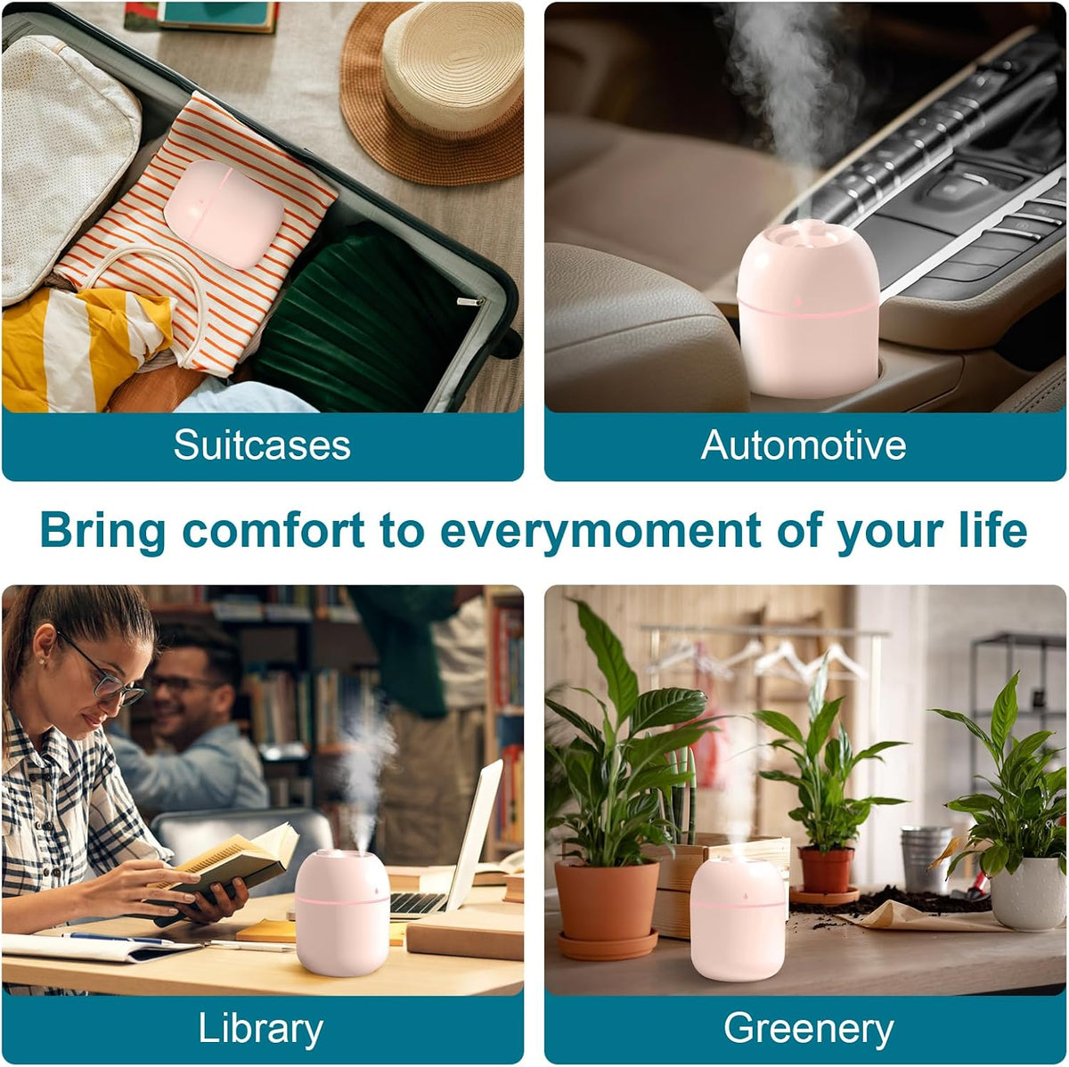 Portable Small Humidifier, USB Personal Desktop Humidifier for Car, Office Room, Bedroom, Auto Shut-Off, 2 Mist Modes, Super Quiet, 220ml, Pink