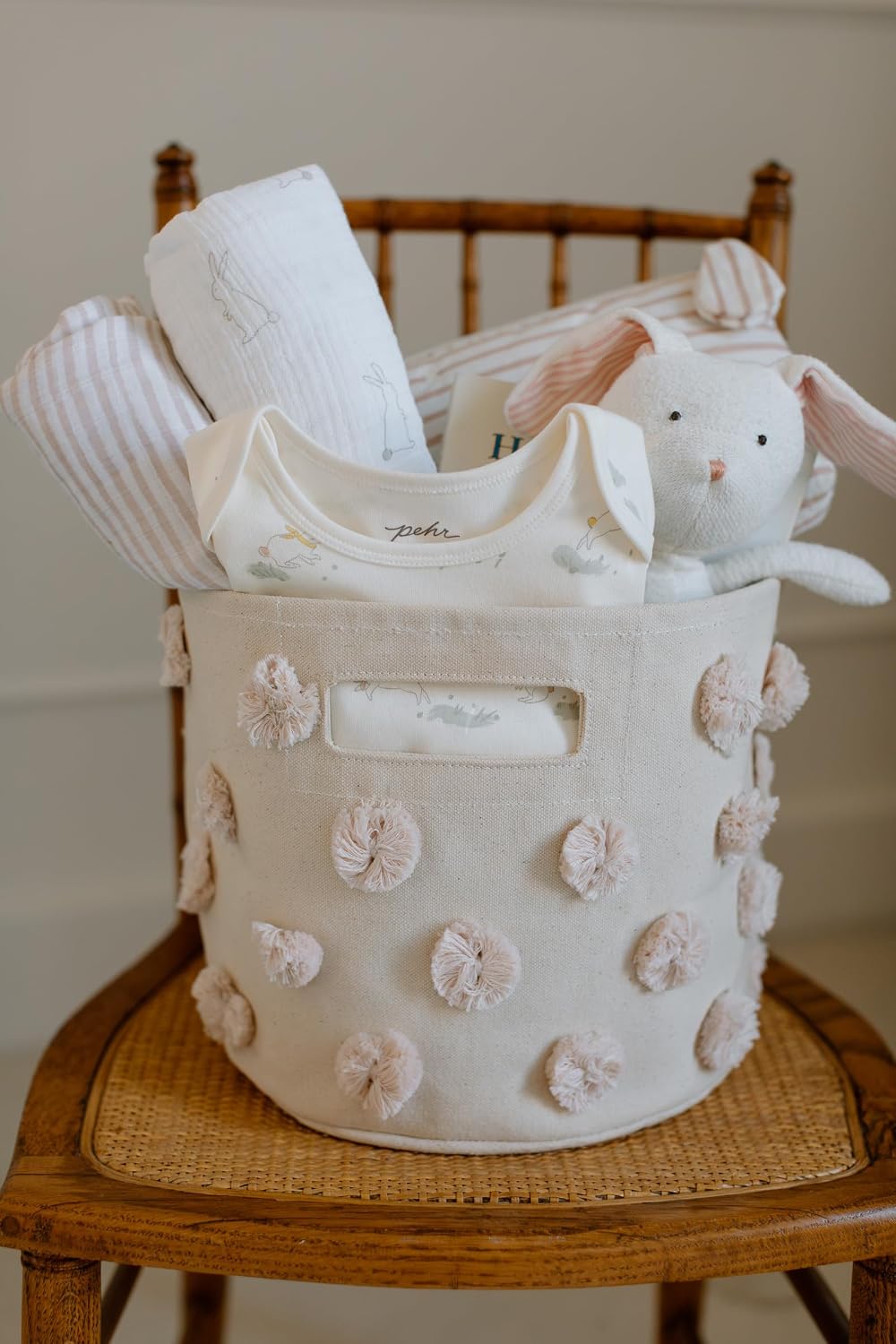 Pom Pom Basket, Pint (Blush) | 100% Cotton Canvas Storage for Nursery, Playroom & Home | Decorative Organizer | 10”D x 9”H
