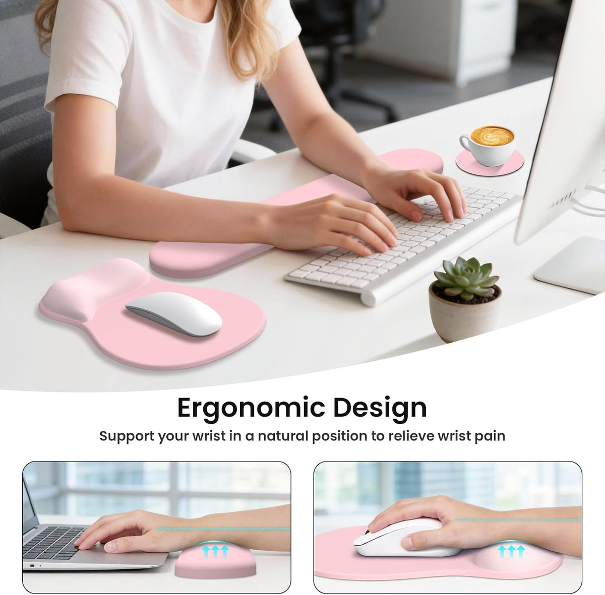 AKIT Ergonomic Mouse Pad and Keyboard Wrist Rest Set,Memory Foam,Pink