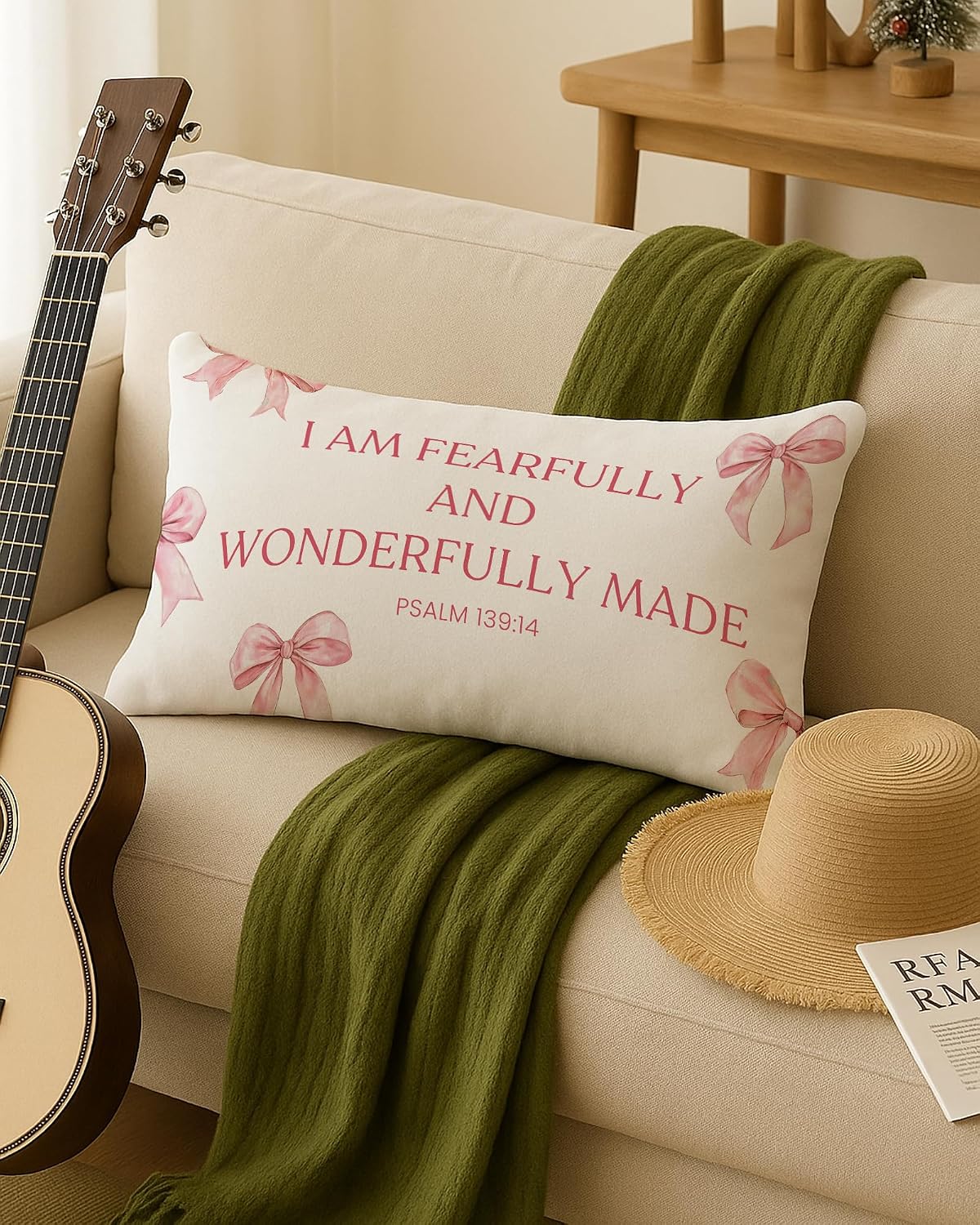 Coquette Pink Bow Christian Pillow Covers 12x20, Christian Room Home Decor, Coquette Room Decor, Psalm 139:14 Religious Bible Verse Decorative Lumbar Pillow Covers