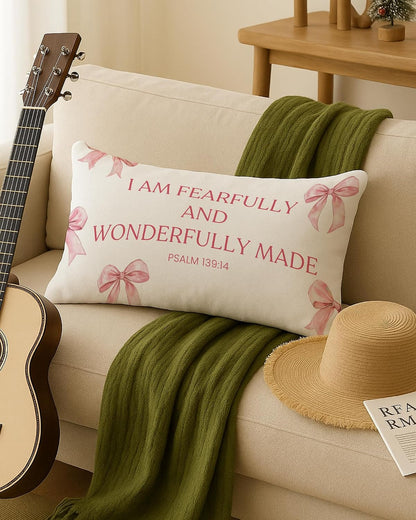 Coquette Pink Bow Christian Pillow Covers 12x20, Christian Room Home Decor, Coquette Room Decor, Psalm 139:14 Religious Bible Verse Decorative Lumbar Pillow Covers